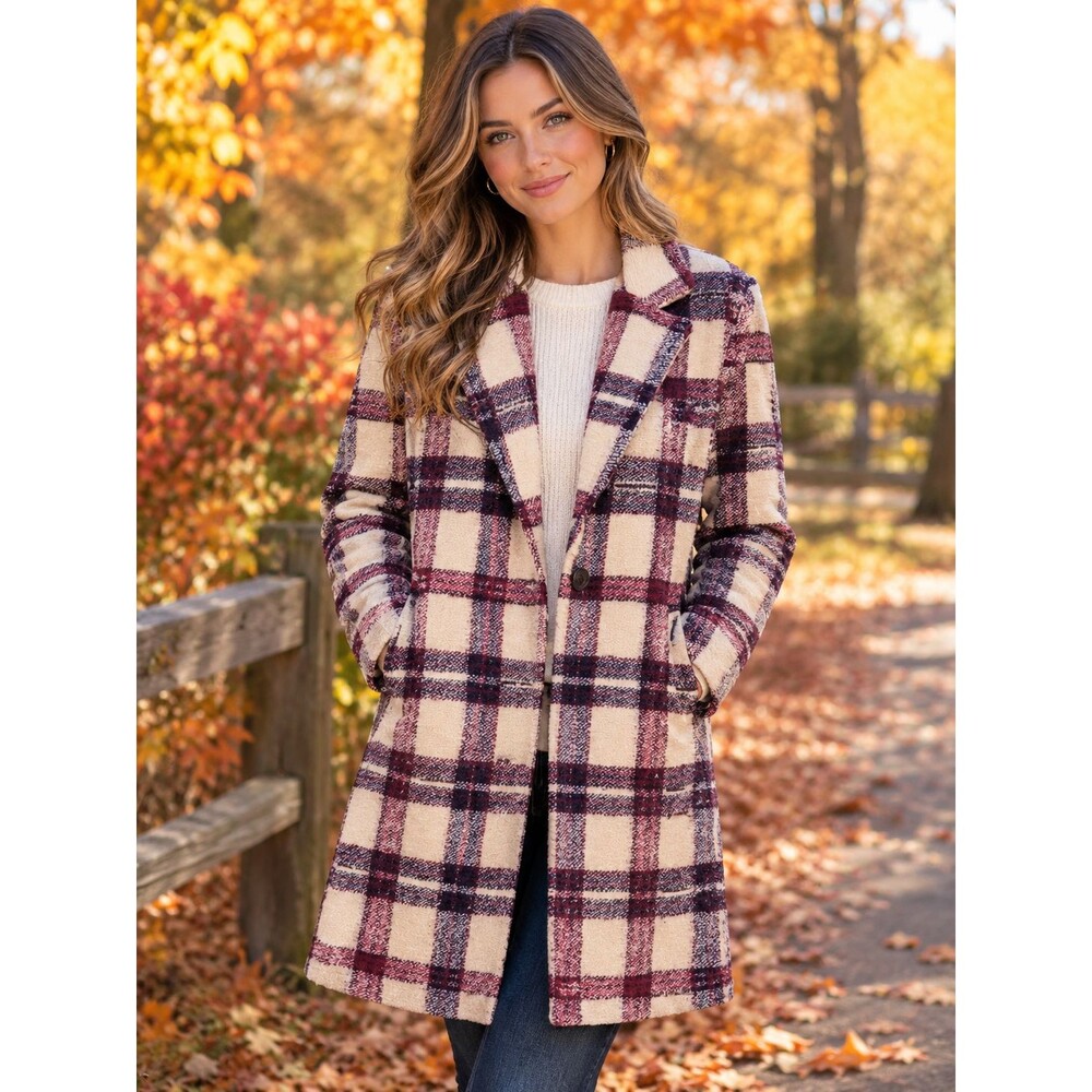 NWT Blank NYC Fall Winter Wool Blend Plaid Jacket Coat Cream Burgundy Navy Sz S